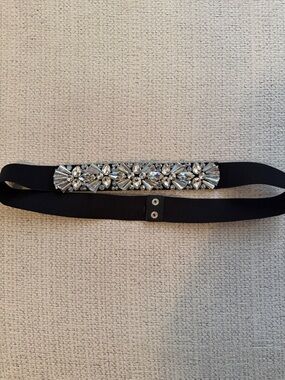 Embellished Black Elastic Waist Belt with Silver Crystal Accents